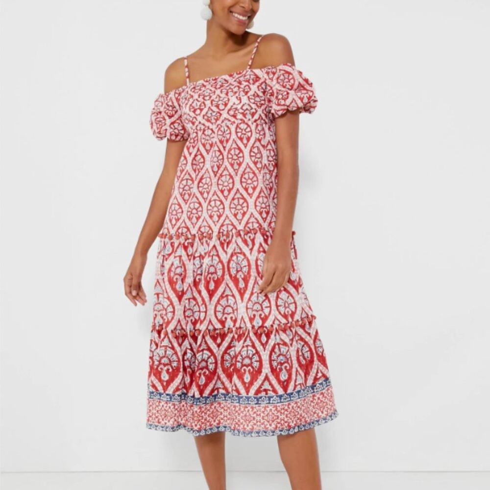 NWT ASH & EDEN Tuckernuck Multi Fenya Midi Dress Off Shoulder Midi Smocked XL